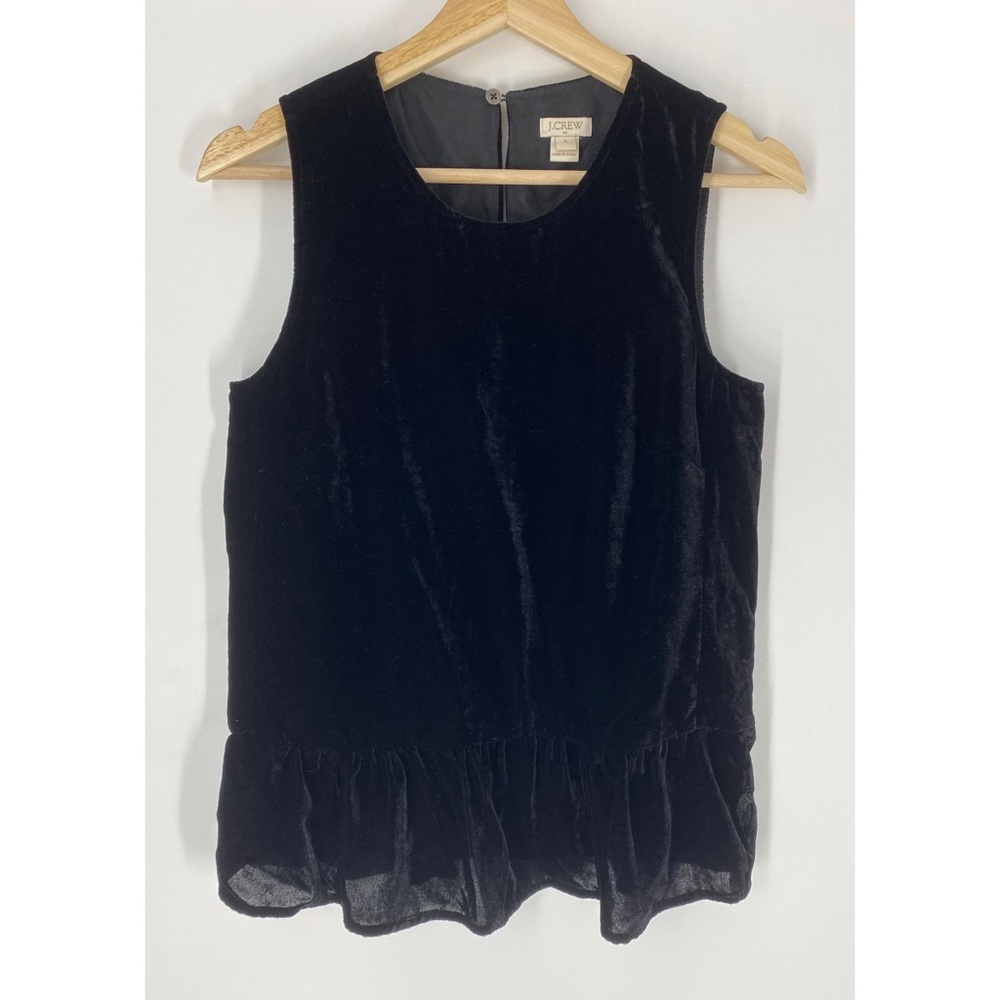 J. Crew Velvet Black Peplum Hem Top Blouse with Button Clasp Key Hole Back